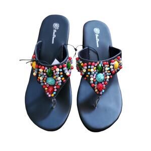 Sundancer Beaded Wedge Heel Thong Sandals, Size 7